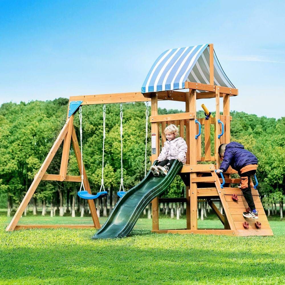 Kids Outdoor Swing And Slide - Balançoire de jardin en bois, équipement